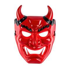 Naklejka premium A red demonic mask with black horns and menacing eyes, isolated. Suitable for spooky Halloween themes and holiday crafts.
