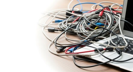 Messy tangle of power cables and data wires over a laptop computer. Concept of complex technology connection for maintenance.