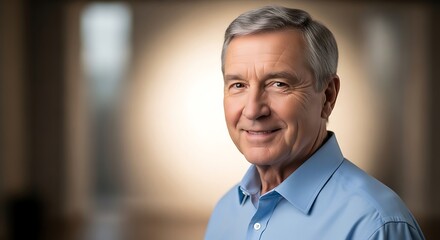 Obraz premium Senior Man Smiling Confidently in Light Blue Shirt in Bright Indoor Setting