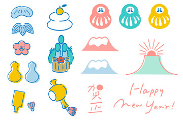 年賀状・新年のポップなパーツ_パステルカラー｜ Playful Japanese Traditional New Year Elements_colorful01