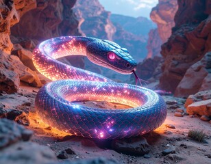 Mystical Glowing Serpent Coiled in a Rocky Canyon.