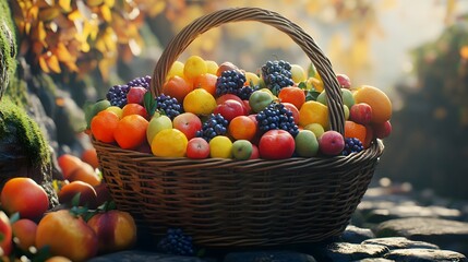 Photograph of a wicker basket overflowing with a colorful assortment of fresh fruits.