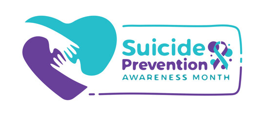 Suicide prevention awareness month - Teal and purple hand connect hand in heart sign and text with ribbon awarenss signs in line frame vector design