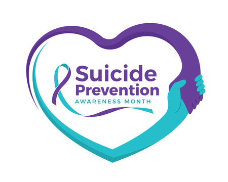 Suicide prevention awareness month - Text and ribbon awareness sign in heart frame with teal and purple hand hold hand vector design