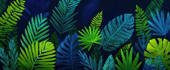 Vibrant tropical leaves in vibrant blues and greens