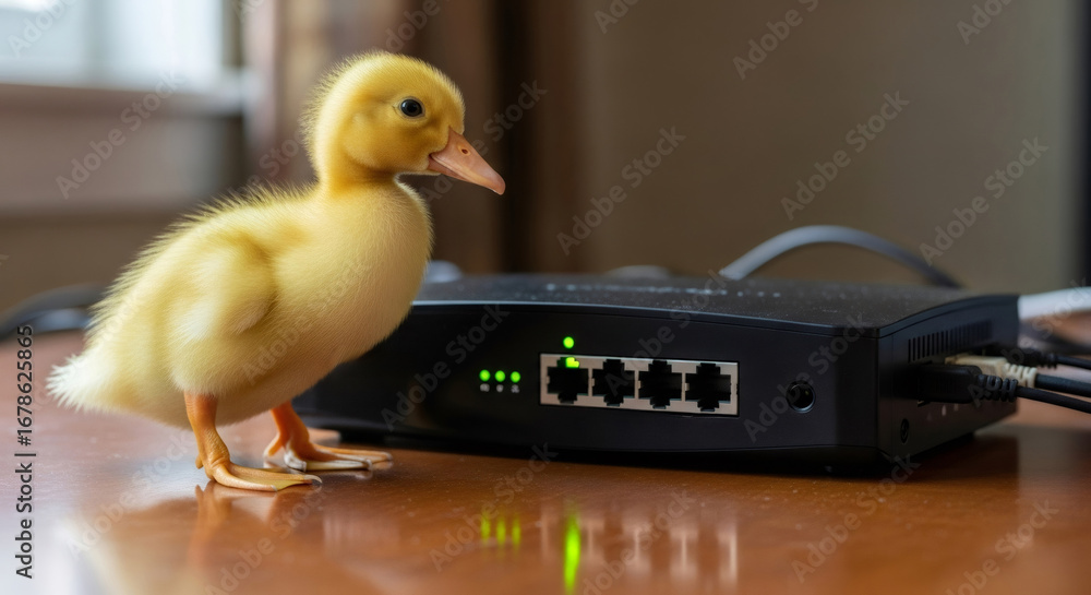 Poster yellow duckling standing next to black network router. funny animal next to internet switch. home ne