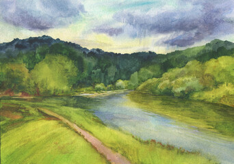 Panoramic view, summer landscape. Rain clouds over the river among the forest. Watercolor hand drawn painting illustration
