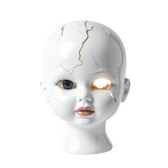 A cracked porcelain doll head with one glowing eye and a neutral expression, showing visible hairline cracks. Ideal for Halloween party invitations and seasonal graphics.