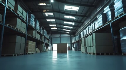 Obraz premium Photograph of a vast, dimly lit warehouse with stacked boxes and bright skylights.