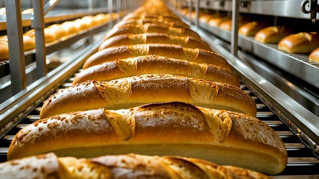 Freshly baked golden loaves of bread lined up on conveyor belt inside modern industrial bakery production line