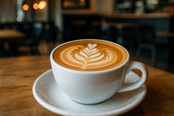 White cup of cappuccino with latte art on wooden table in café.