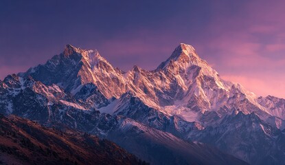 Obraz premium Majestic snow-capped mountain range at sunset