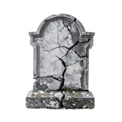 An old, weathered tombstone with a semiciclic top, cracked and deteriorated, featuring intricate stone carvings and lichen growth. Perfect for Halloween merchandise and seasonal marketing.