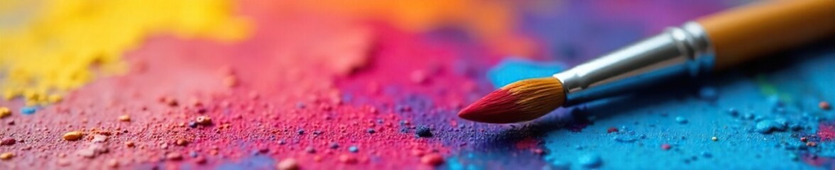 Fototapeta premium Close-up of a paintbrush resting on a vibrant, colorful canvas, symbolizing the creative process and artistic expression , fine arts, canvas, oil paint