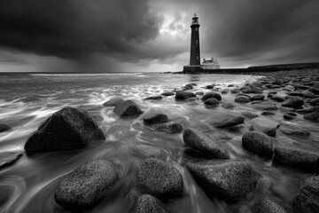 Dramatic black and white seascape with lighthouse, stormy sky, and rocky shore