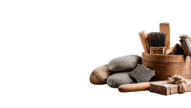 Wooden bowl filled with assorted tools and stones