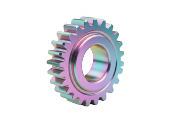 Close-up of a metallic gear with iridescent rainbow coloring on a plain backdrop
