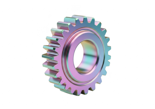 Close-up of a metallic gear with iridescent rainbow coloring on a plain backdrop