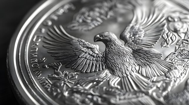 Photograph of detailed silver coin depicts a majestic eagle in flight, surrounded by foliage and laurel branches. - Powered by Adobe