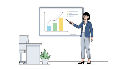 Fototapeta premium Businesswoman presenting a growth chart on whiteboard in office flat illustration