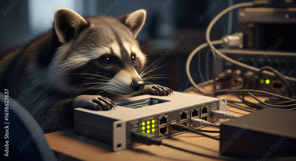 Poster cute raccoon peering over a network switch with connected cables, representing internet connectivity