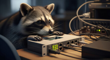 Cute raccoon peering over a network switch with connected cables, representing internet connectivity and data management. Technology concept for digital infrastructure.