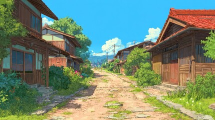 Fototapeta premium Sunny, pixelated Japanese village street
