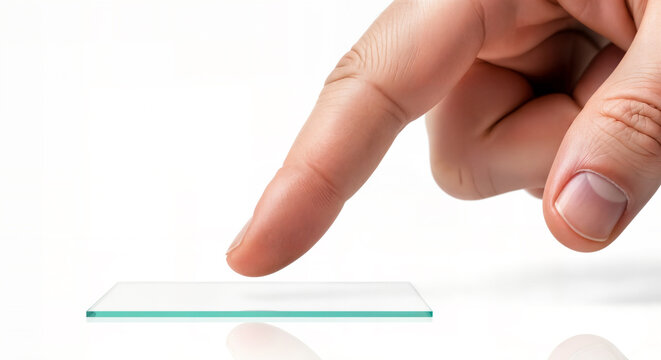 A persons index finger hovering just above a clear glass microscope slide, isolated on a white background, suggesting scientific research, experimentation, or data collection