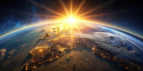 Sunrise over earth with bright sunburst and glowing city lights