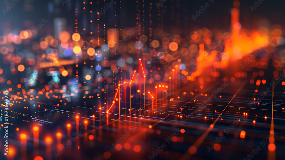 Poster bright orange digital network graph over a cityscape indicates data analytics and connectivity.