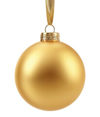 Matte gold Christmas ball ornament hanging on a ribbon isolated on transparent background