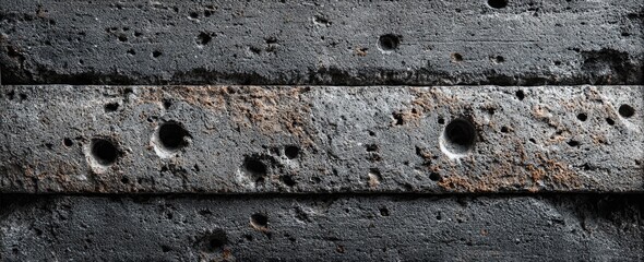 Close-up view of dark gray textured bricks with light brown/orange striations and holes