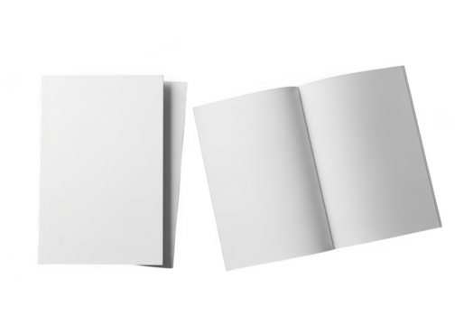 Two blank white books one open isolated on transparent background