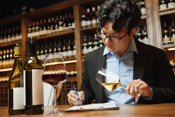 Sommelier Tasting White Wine While Taking Notes in Wine Cellar. Professional Wine Tasting and Evaluation Concept. 