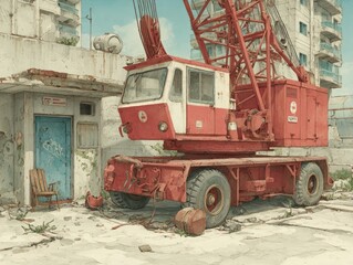 Red crane in a deserted urban space