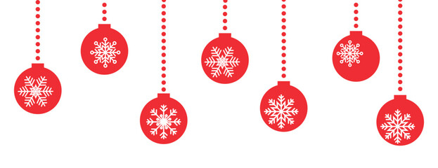 Christmas garland with red balls with snowflakes on the transparent background. Christmas, New Year traditional decoration. 