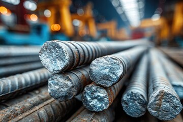 Close-up of stacked steel reinforcement rods in a factory