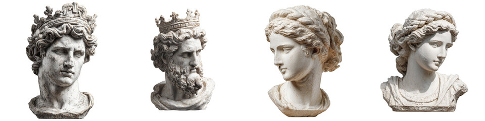 Ancient Roman sculptures of male and female heads on transparent background