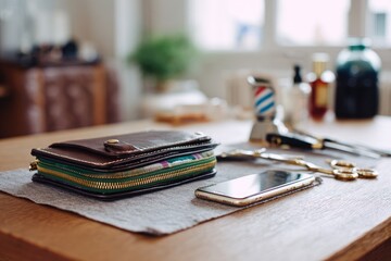 Brown leather wallet, phone, barber tools on wooden table