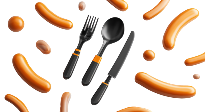 Sausages and cutlery.  A 3D graphic