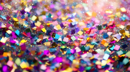 Digital illustration of shimmering, fragmented confetti in vibrant, assorted colors.