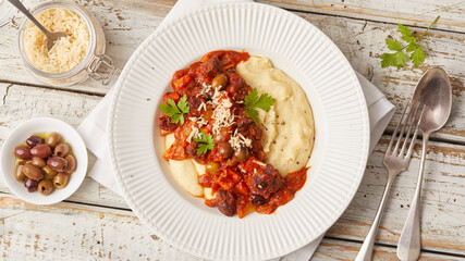 Polenta with tofu and tomato sugo