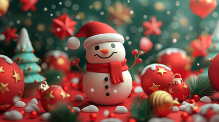 Cute snowman with a decorated Christmas tree in a winter holiday scene