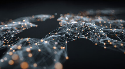 Digital network visualization showcasing interconnected nodes and lines, representing data flow and connectivity. glowing points create sense of depth and complexity, evoking futuristic atmosphere