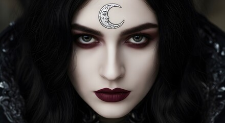 Fototapeta premium Enigmatic gaze, dark hair cascades, a crescent moon adorns her forehead. Deep crimson lips and intense eyes create a captivatingly mysterious allure.