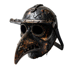 An old, weathered plague doctor mask with a long long beak and rusty metal features, set against a transparent background. Perfect for Halloween decorations and spooky design projects.