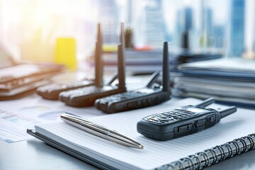 Business desk with walkie-talkies