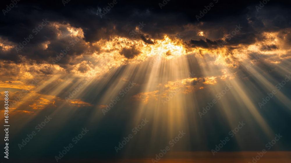 Poster majestic rays of sunlight break through dark clouds, creating stunning display of light and shadow i