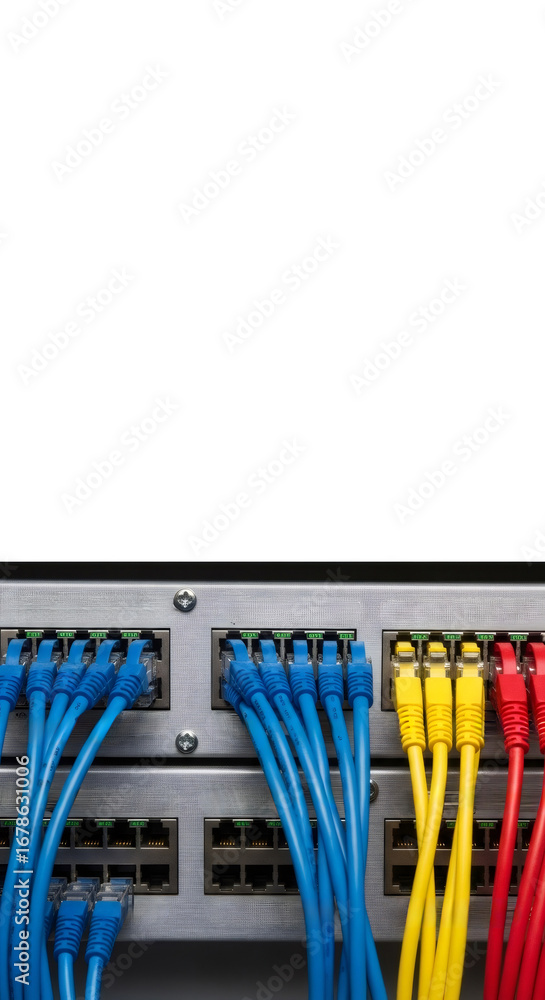 Poster close up of network cables connected to an internet switch. network connection and data transfer con