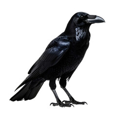 A realistic black raven with glossy feathers and a sharp beak, standing in profile against a transparent background. Suitable for spooky Halloween themes and holiday crafts.
